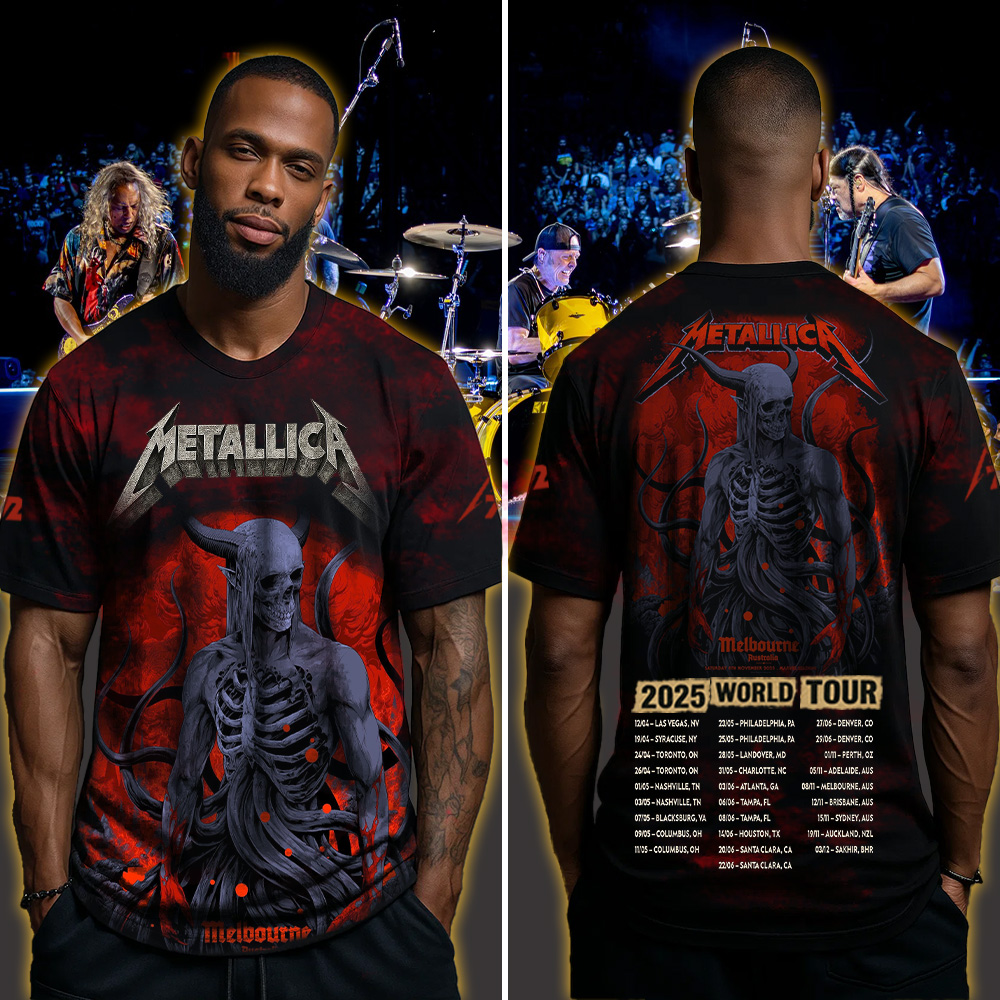 metallica m72 world tour 2025 november 8 2025 melbourne australia marvel stadium skeletal demon art by ken taylor pop up shop all over print shirt 4