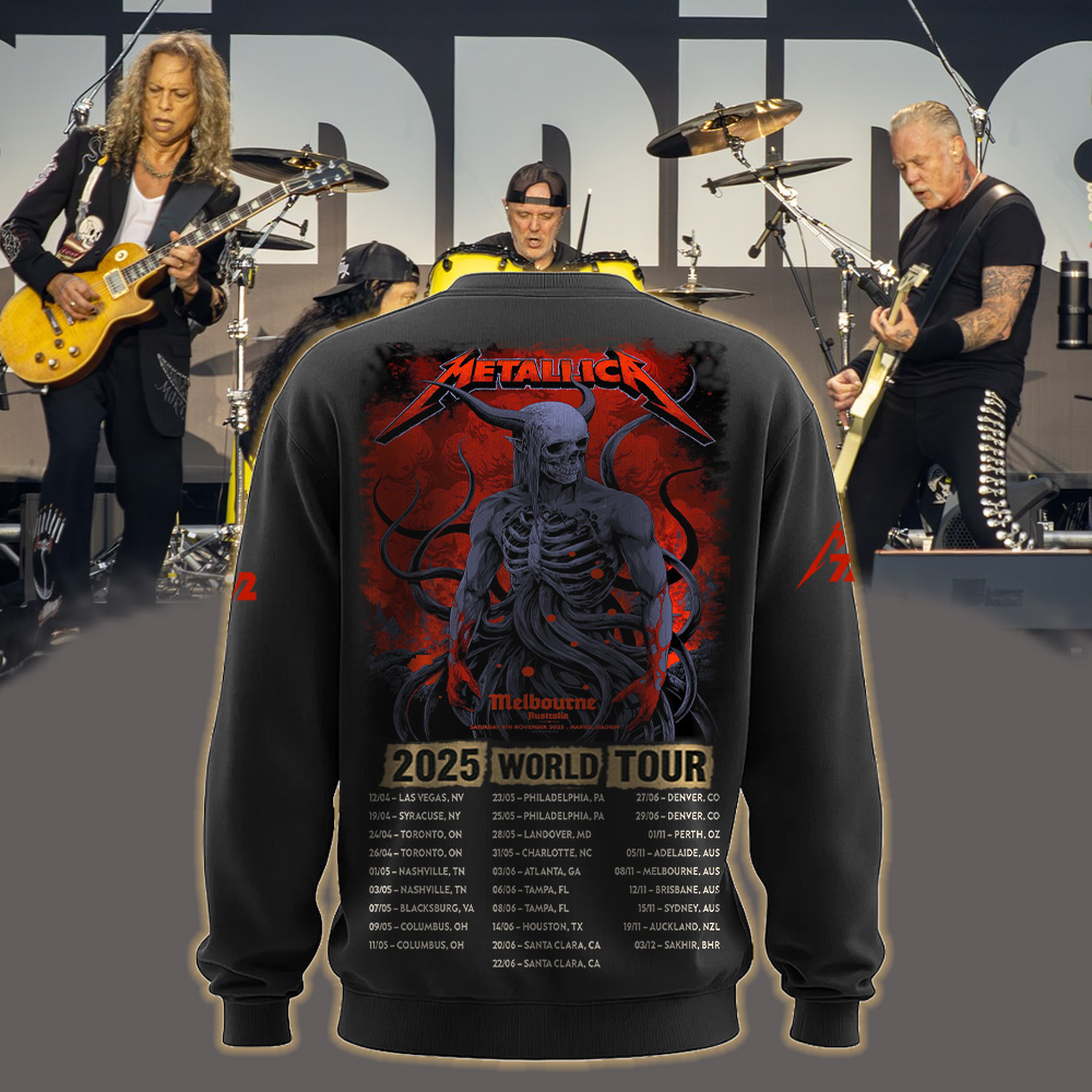 metallica m72 world tour 2025 november 8 2025 melbourne australia marvel stadium skeletal demon art by ken taylor pop up shop all over print sweater 2