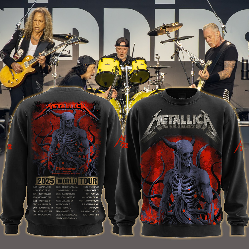 metallica m72 world tour 2025 november 8 2025 melbourne australia marvel stadium skeletal demon art by ken taylor pop up shop all over print sweater