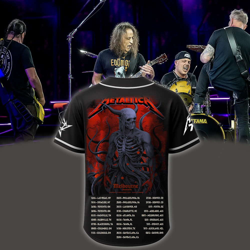 metallica m72 world tour 2025 november 8 2025 melbourne australia marvel stadium skeletal demon art by ken taylor pop up shop baseball jersey 2