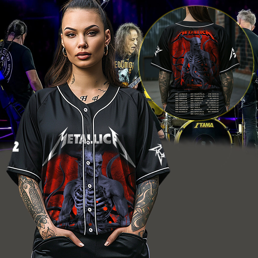 metallica m72 world tour 2025 november 8 2025 melbourne australia marvel stadium skeletal demon art by ken taylor pop up shop baseball jersey 3
