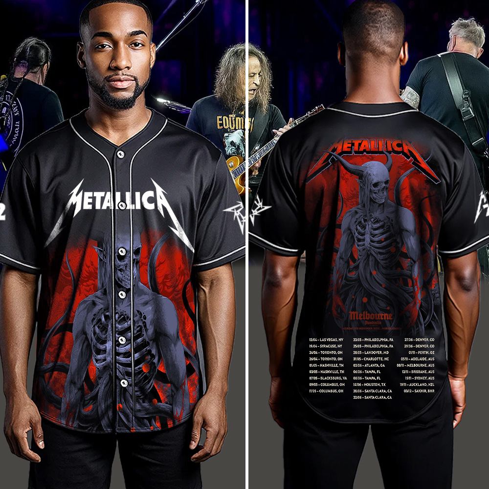 metallica m72 world tour 2025 november 8 2025 melbourne australia marvel stadium skeletal demon art by ken taylor pop up shop baseball jersey 4