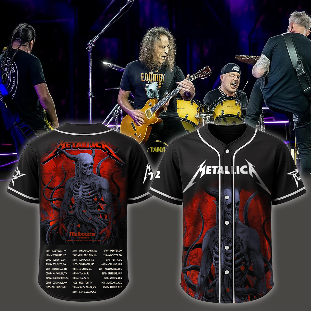 metallica m72 world tour 2025 november 8 2025 melbourne australia marvel stadium skeletal demon art by ken taylor pop up shop baseball jersey