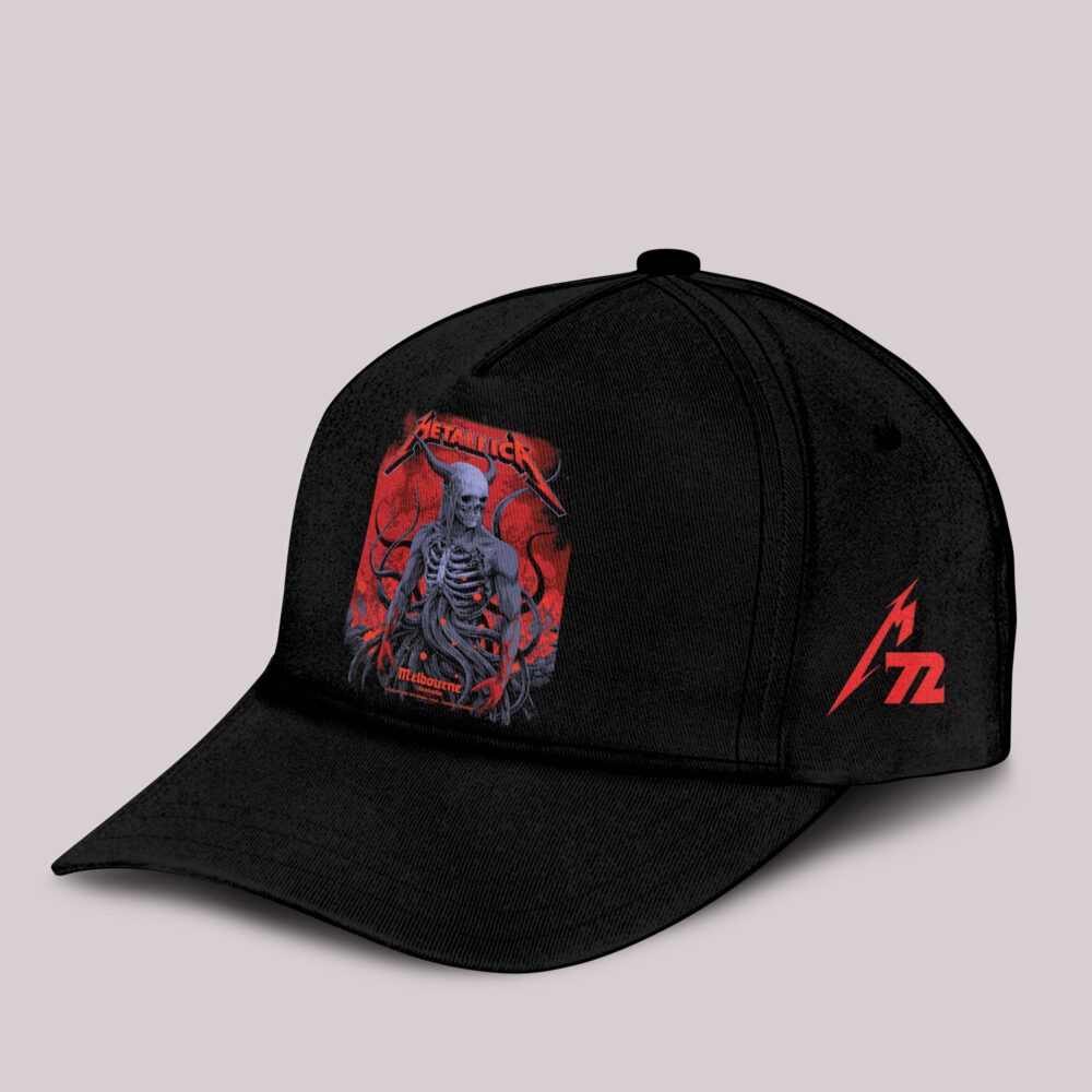 metallica m72 world tour 2025 november 8 2025 melbourne australia marvel stadium skeletal demon art by ken taylor pop up shop cap