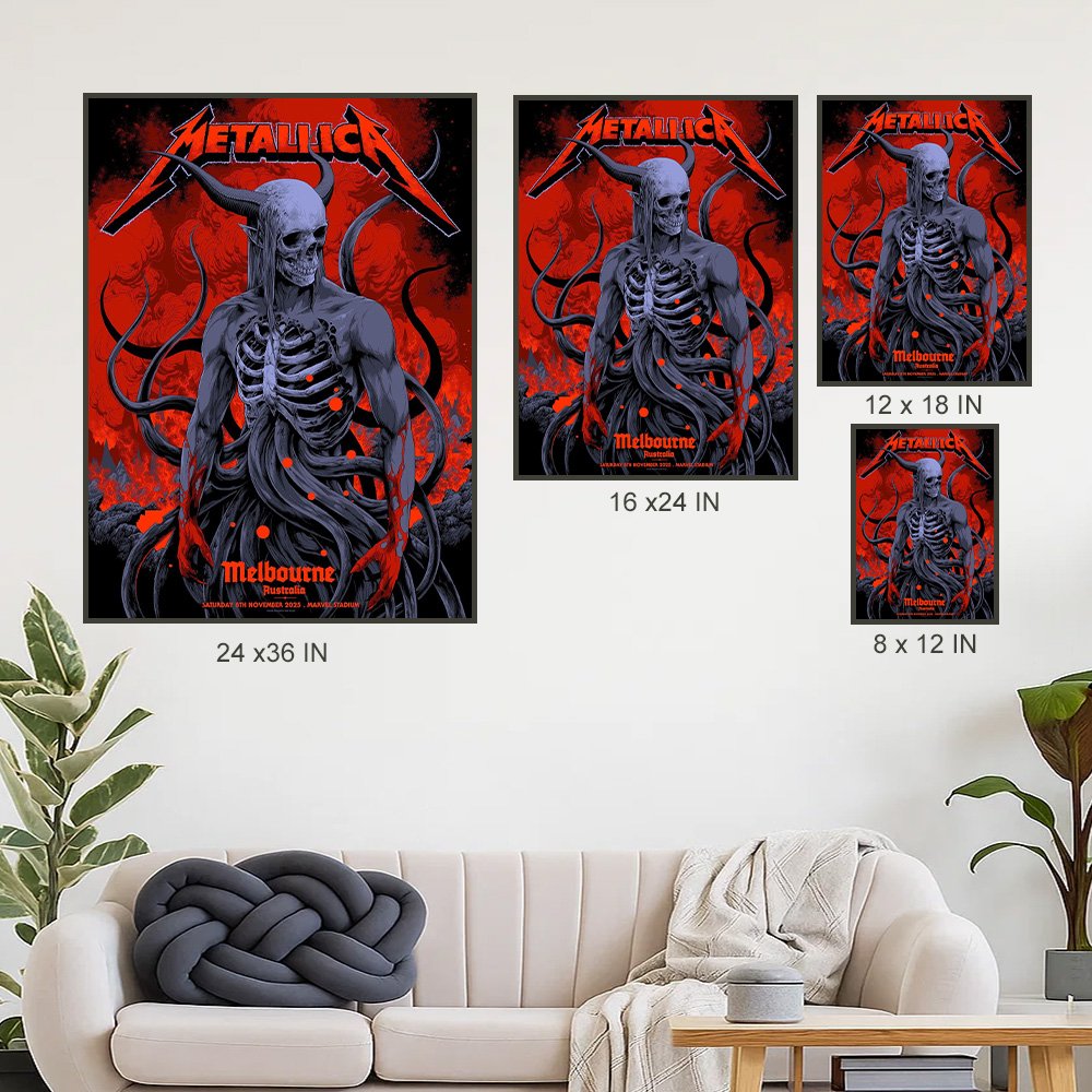 metallica m72 world tour 2025 november 8 2025 melbourne australia marvel stadium skeletal demon art by ken taylor pop up shop exclusive poster 3