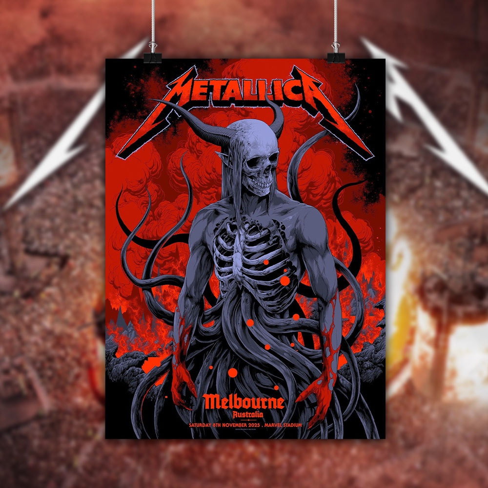 metallica m72 world tour 2025 november 8 2025 melbourne australia marvel stadium skeletal demon art by ken taylor pop up shop exclusive poster 4