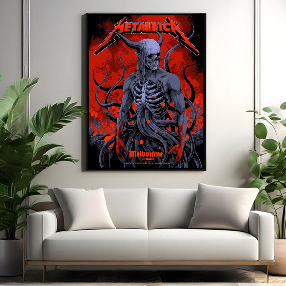 metallica m72 world tour 2025 november 8 2025 melbourne australia marvel stadium skeletal demon art by ken taylor pop up shop exclusive poster