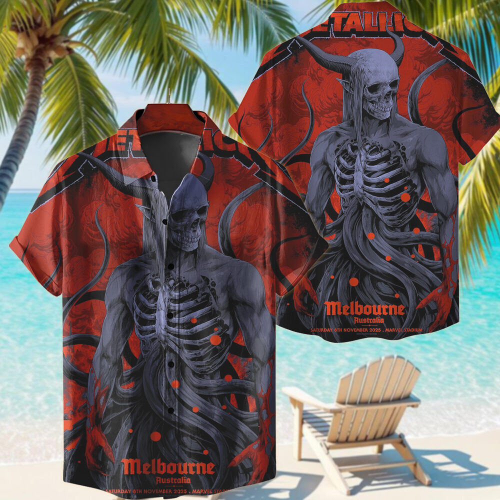 metallica m72 world tour 2025 november 8 2025 melbourne australia marvel stadium skeletal demon art by ken taylor pop up shop hawaiian shirt 1