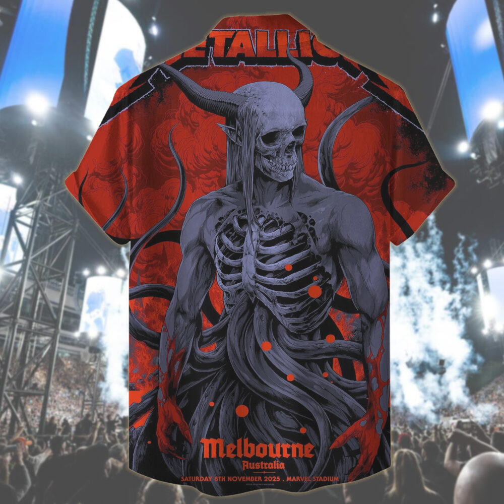 metallica m72 world tour 2025 november 8 2025 melbourne australia marvel stadium skeletal demon art by ken taylor pop up shop hawaiian shirt