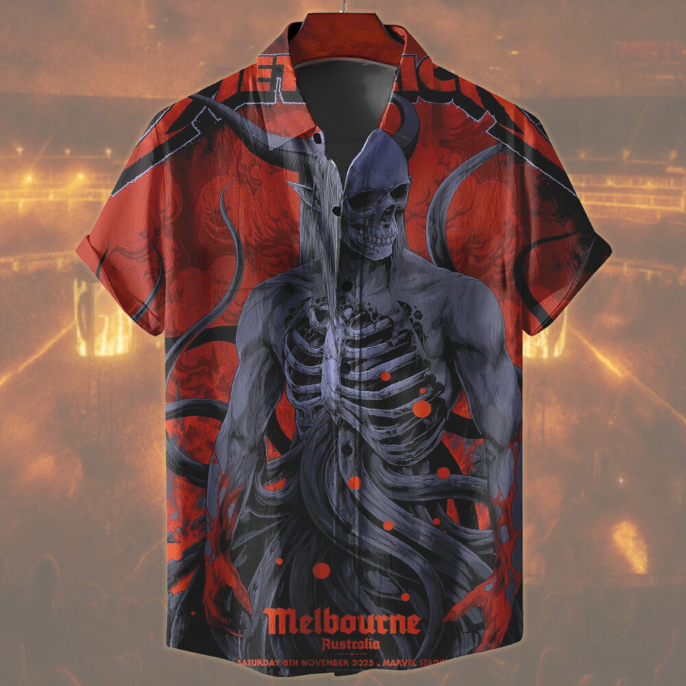 metallica m72 world tour 2025 november 8 2025 melbourne australia marvel stadium skeletal demon art by ken taylor pop up shop hawaiian shirt 2