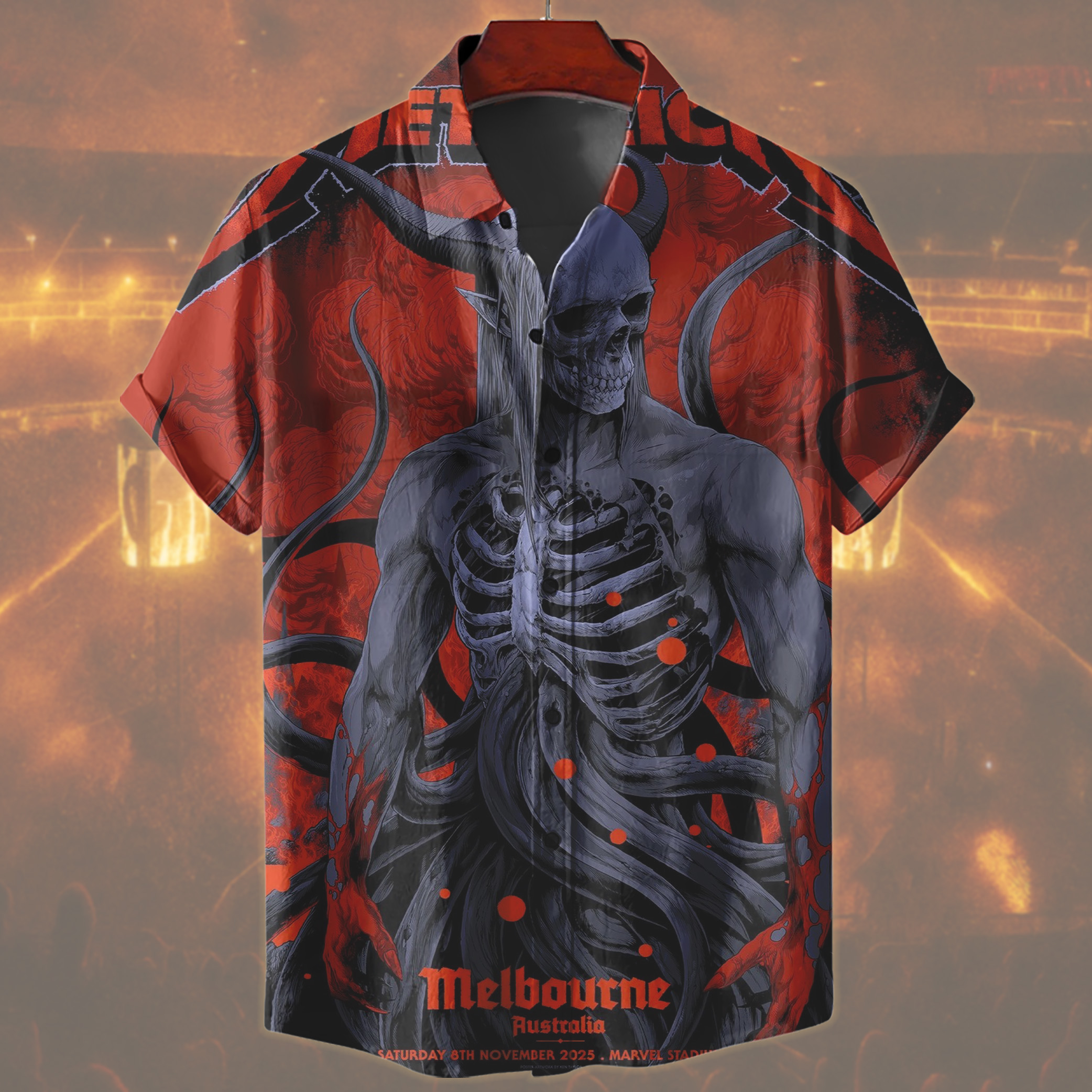 metallica m72 world tour 2025 november 8 2025 melbourne australia marvel stadium skeletal demon art by ken taylor pop up shop hawaiian shirt 2
