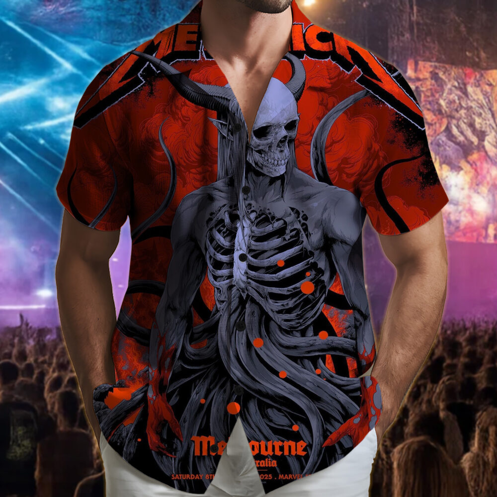 metallica m72 world tour 2025 november 8 2025 melbourne australia marvel stadium skeletal demon art by ken taylor pop up shop hawaiian shirt 3