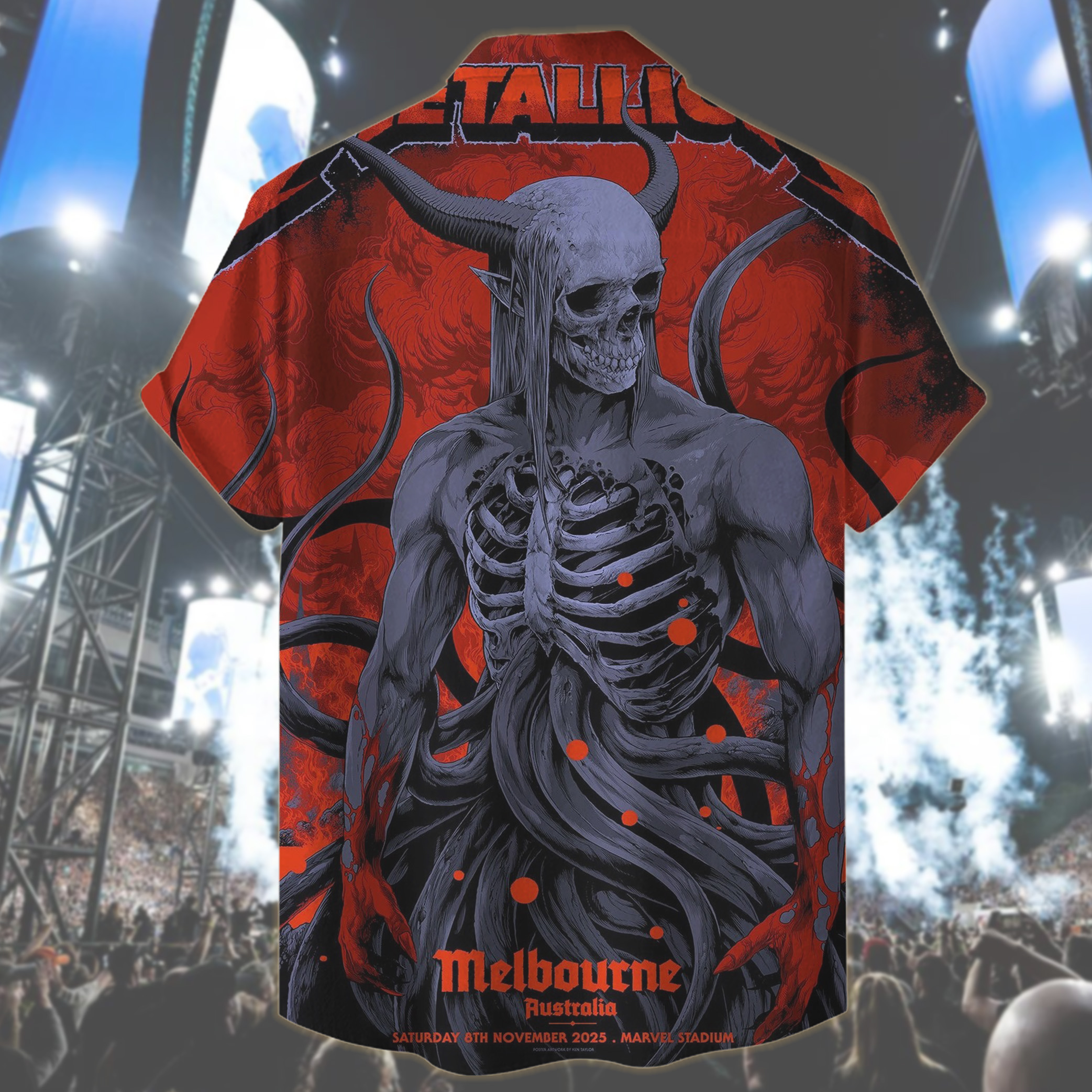 metallica m72 world tour 2025 november 8 2025 melbourne australia marvel stadium skeletal demon art by ken taylor pop up shop hawaiian shirt