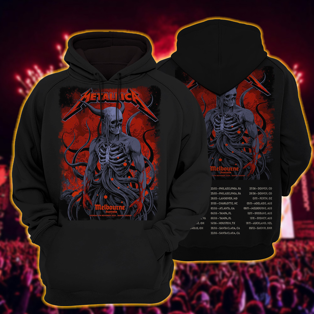metallica m72 world tour 2025 november 8 2025 melbourne australia marvel stadium skeletal demon art by ken taylor pop up shop hoodie 1