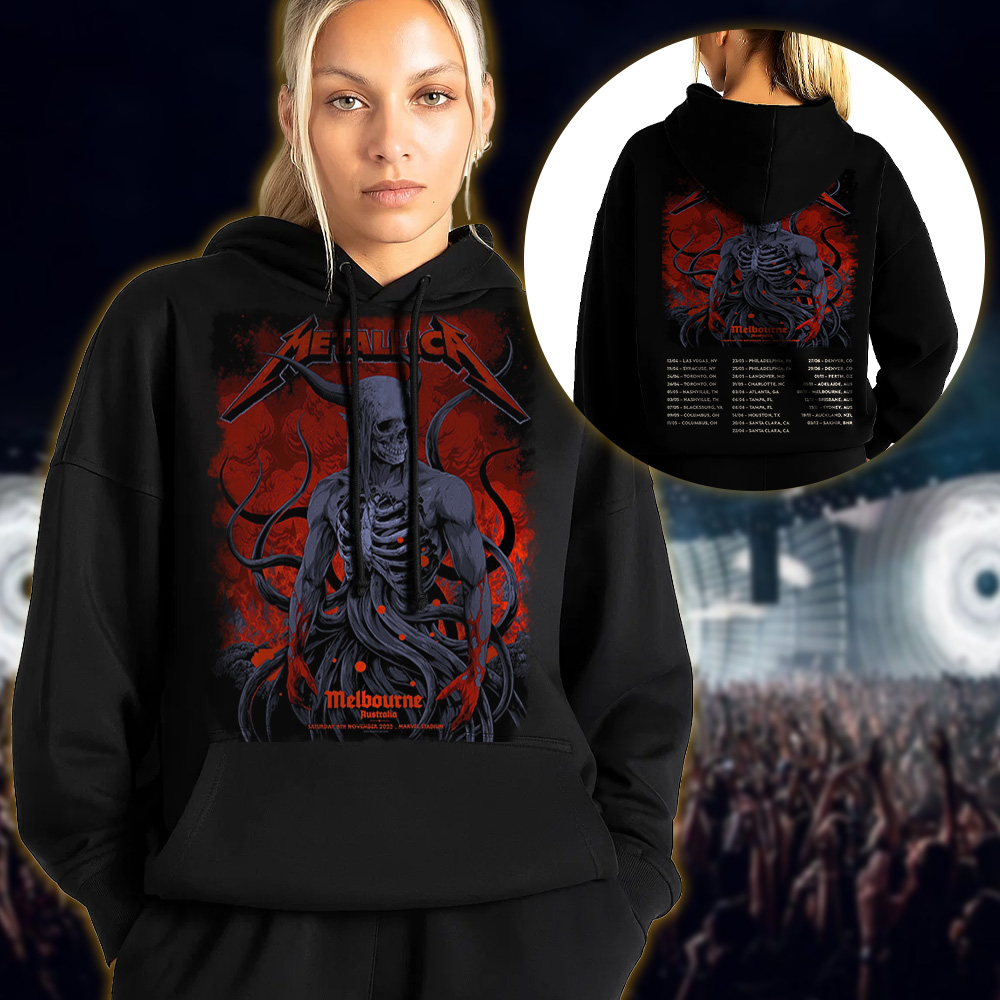 metallica m72 world tour 2025 november 8 2025 melbourne australia marvel stadium skeletal demon art by ken taylor pop up shop hoodie 3