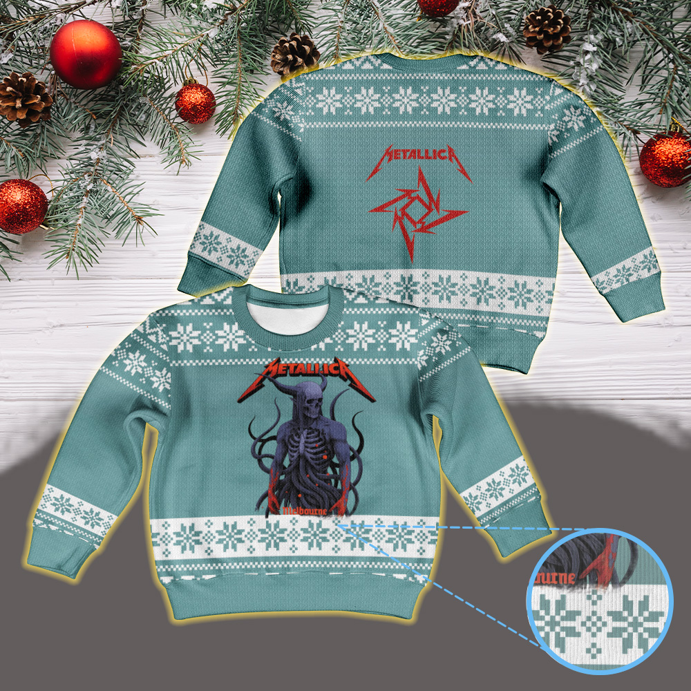 metallica m72 world tour 2025 november 8 2025 melbourne australia marvel stadium skeletal demon art by ken taylor pop up shop vintage ugly christmas sweater