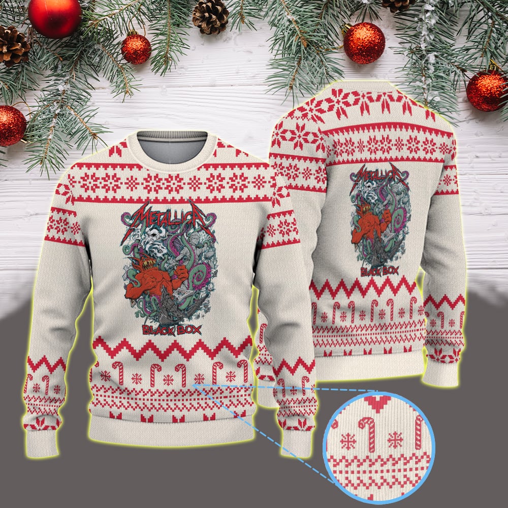 Metallica X Squindo Explosive Black Box Eruption Inspired Ugly Christmas Sweater 2025 Squindo Art M72 World Tour 2025