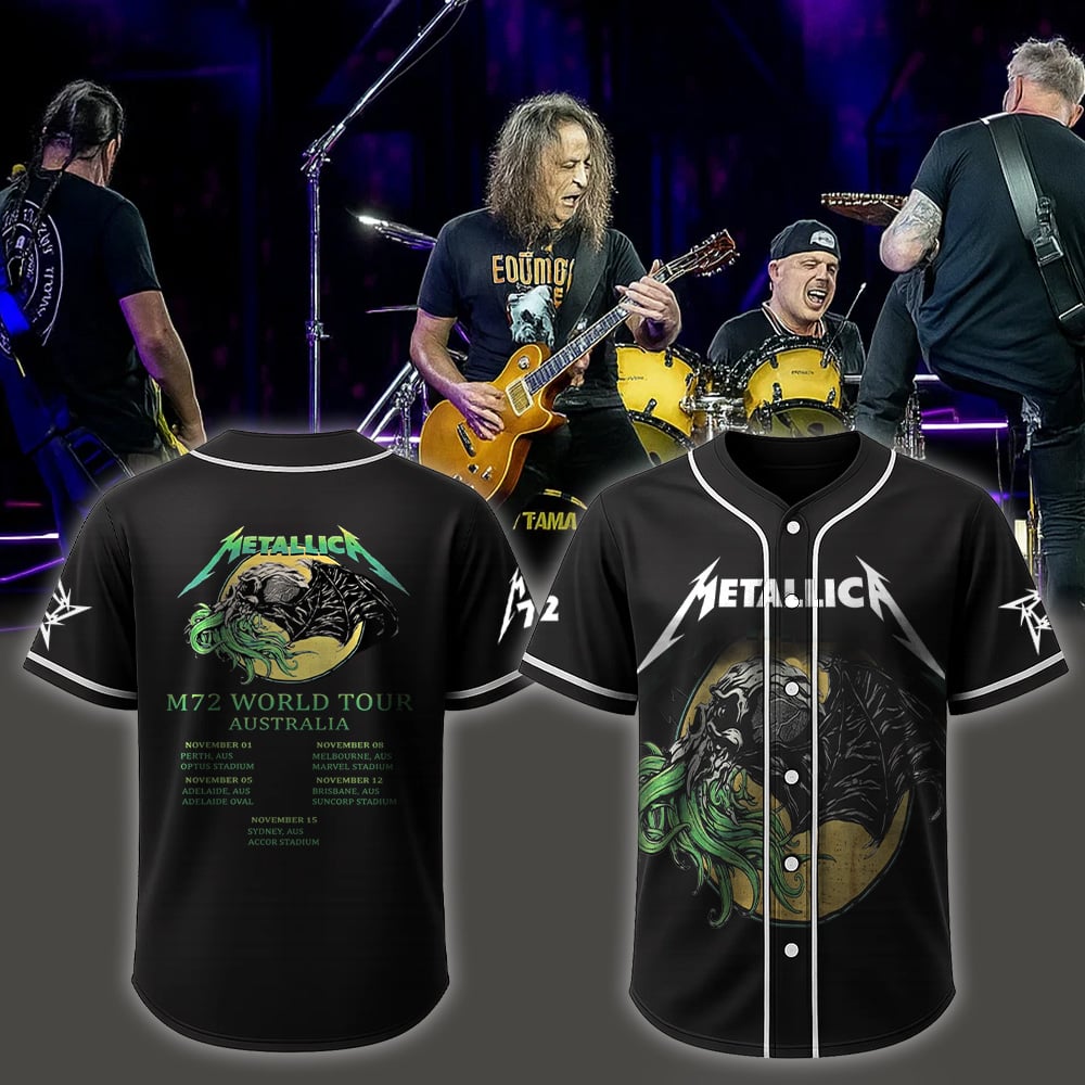 metallica m72 world tour australia baseball jersey 2025 limited edition tour art m72 world tour 2025